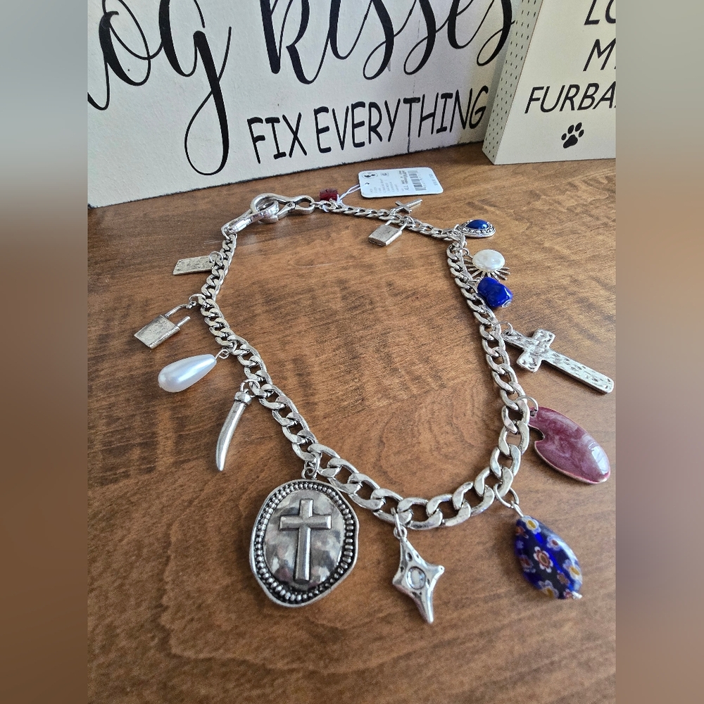 Free People Silver Charm Necklace with Blue, Pearl & Red Accents - Picture 3 of 6